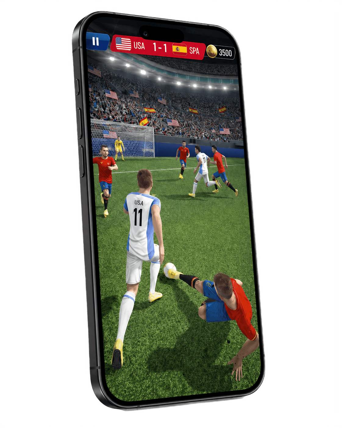 Rozgrywka w grze Soccer Star World: Football — widok akcji meczowej na telefonie